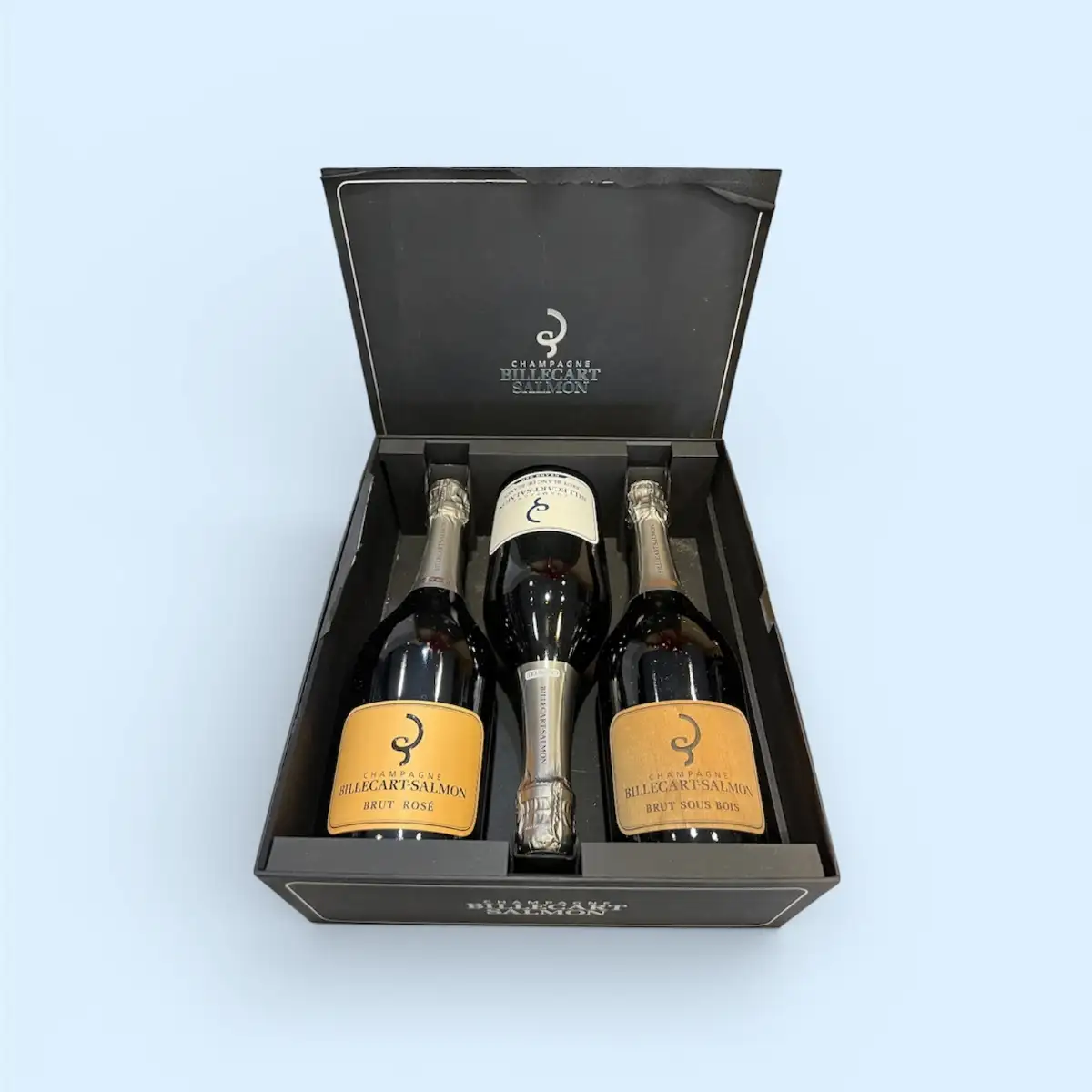 Coffret 3 bouteilles Billecart Salmon Rosé/Blanc de Blancs/Brut sous bois